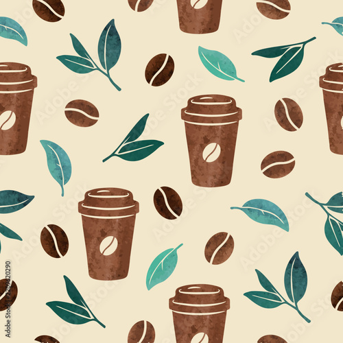 Coffee pattern with watercolor cup and coffee beans. Vector hand drawn print