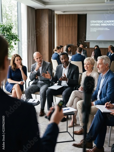 Executives discuss strategy in a corporate workshop. Diverse professionals exchange ideas in group discussion. Innovation, collaboration and leadership development. Executive training.