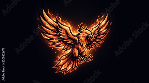 Fiery Phoenix in Flight Made of Orange and Yellow Flames on Dark Background