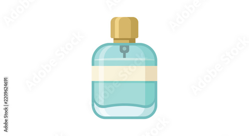 Turquoise perfume bottle with golden cap stands against a white background
