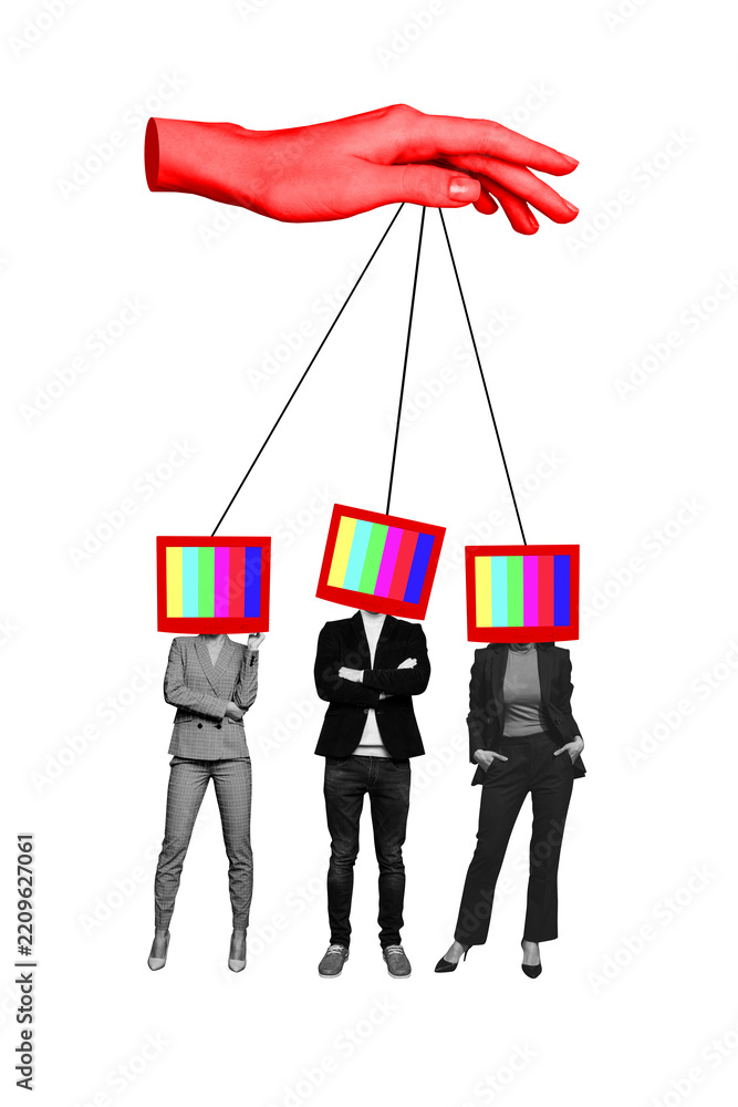 Obraz premium Trend artwork sketch image collage of workspace hand hold rope control team lady man cyberbullying propaganda tv monitor display head
