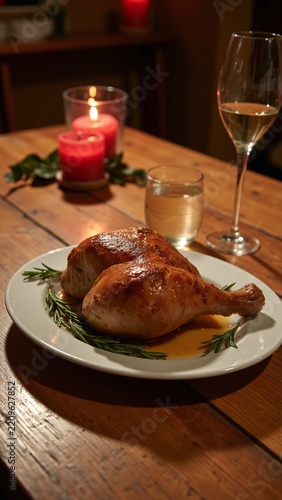Roasted Turkey and Juice on a White Plate