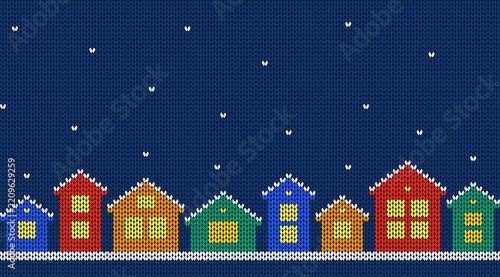 Houses and falling snow on navy background. Winter knitted ornament. Seamless border