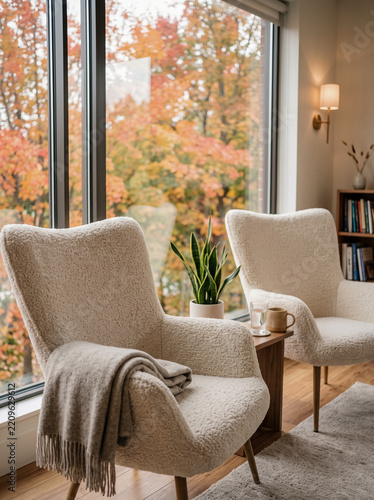 Cozy living room interior with armchairs and beautiful autumn forest view