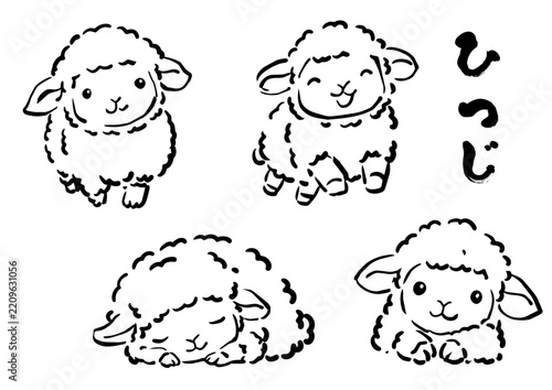 【ベクター】2027年・未年の年賀状用 羊の墨絵イラスト・和風素材セット
