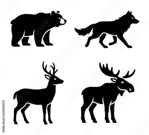 Silhouettes of bear wolf deer and moose on transparent background vector