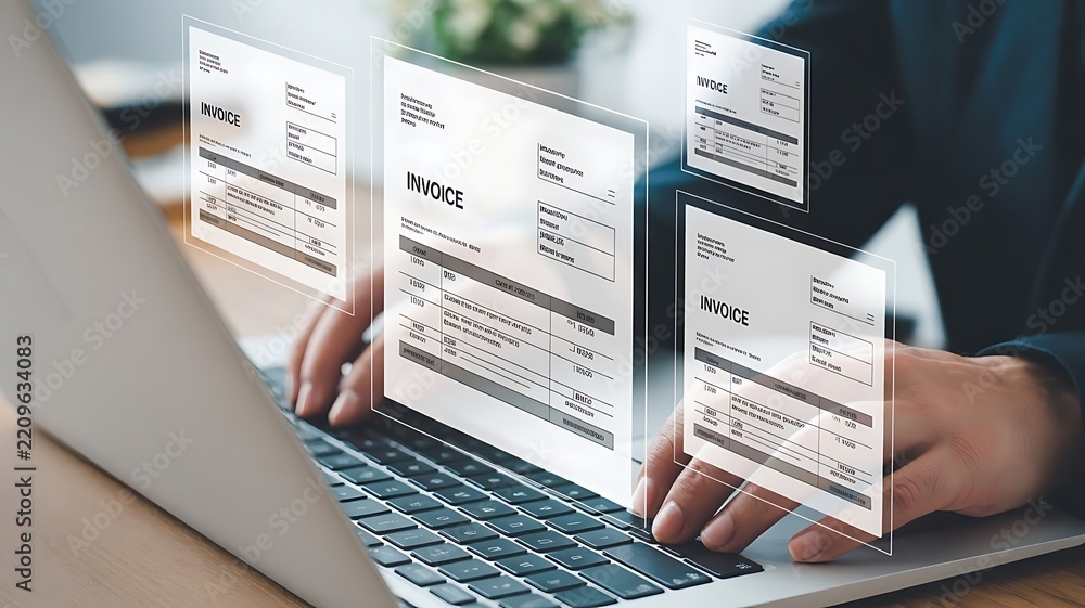 Obraz premium Professional Processing Digital Invoices and Financial Documentation on a Modern Laptop Computer Interface