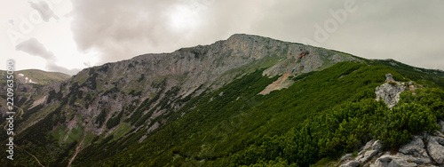 Rugged Limestone Mountain Ridge with Dense Alpine Vegetation and Rocky Slopes under Dramatic Cloudy Sky in Rax Alps Austria