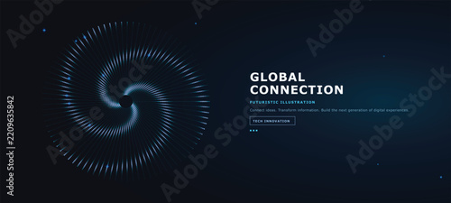 Futuristic global connection vector banner, blue digital network swirl background, technology communication header design