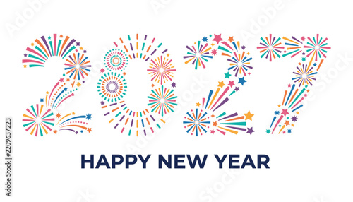 Celebratory fireworks in vibrant colors forming the year 2027 with happy new year text below on white background