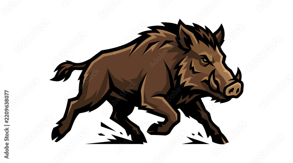 Fototapeta premium Stylized vector illustration of an aggressive wild boar or feral hog running in a three-quarter view with sharp tusks and thick fur, mascot style design isolated on white background.