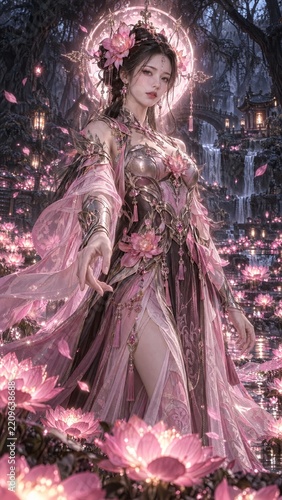 Elegant Fantasy Woman in Pink Lotus Armor in Enchanted Waterfall Garden