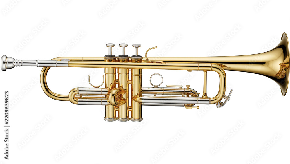 Obraz premium Shiny brass trumpet with silver accents, isolated on transparent background