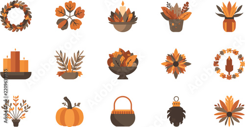 Autumn Wreath and Foliage Icon Set Vector Thanksgiving Leaves Candle Centerpiece Pumpkin Graphics