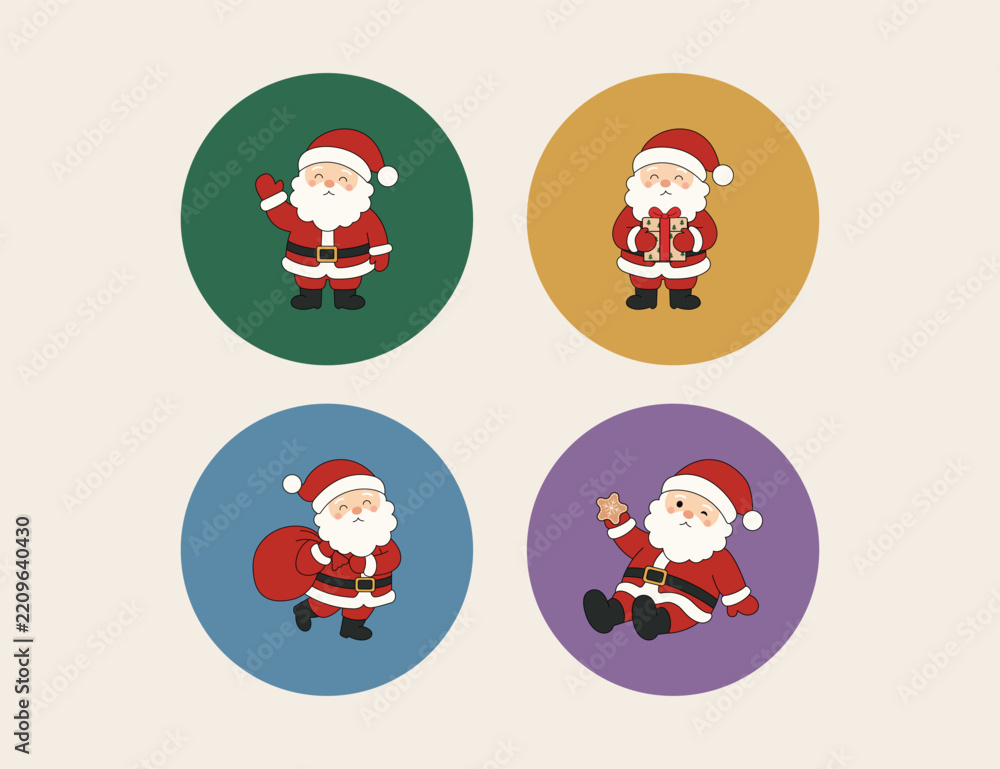 Fototapeta premium Set of four cute cartoon Santa Claus characters in colorful round badges waving holding a gift carrying a sack and sitting on a cream background