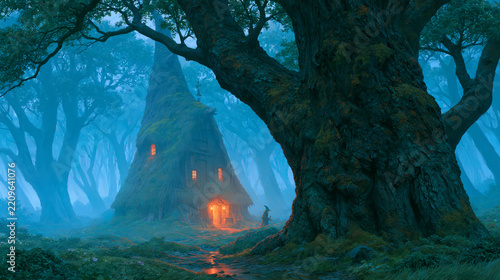 Enchanted forest scene with glowing house and large ancient tree at night