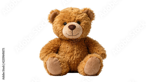 Fluffy brown teddy bear toy sitting pose, isolated on transparent background