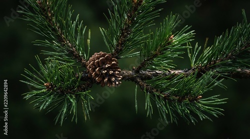Evergreen pine branch with small pine cone and green needles