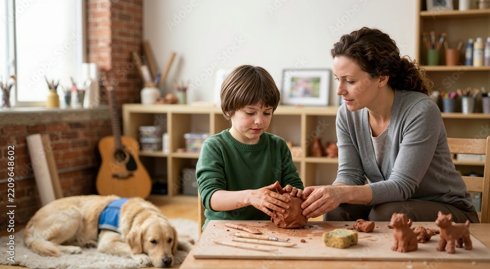 Fototapeta premium Child exploring feelings through clay with art therapist. Art music and animal assisted therapy