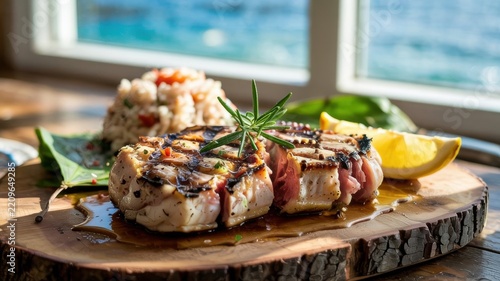 Bermudian cuisine. Bermudian grilled wahoo steak. Juicy wahoo fish steaks, grilled with strips, topped with citrus sauce and served with rice.
