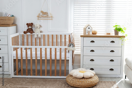 Obraz na plátně Stylish room with baby's crib. Interior design