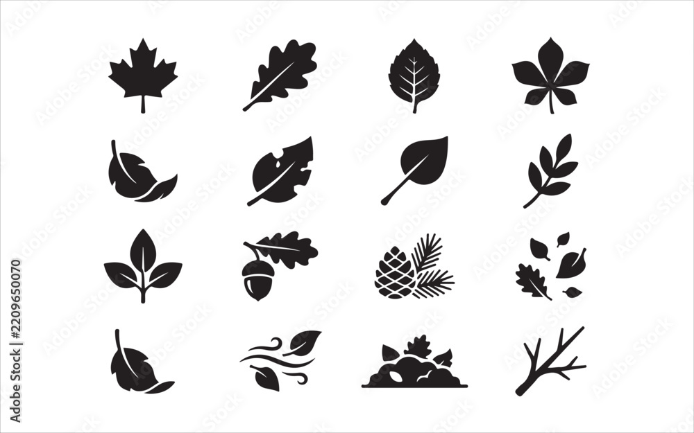 Fototapeta premium Black and white leaf icons set, featuring various tree leaves and autumn elements.