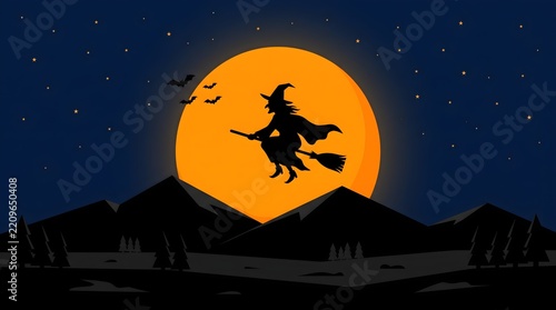Halloween Witch Riding a Broomstick Across a Spooky Night Sky with Moon, Bats, Stars, and Dark Silhouette, Cartoon Vector Illustration for a Scary Autumn Holiday Background