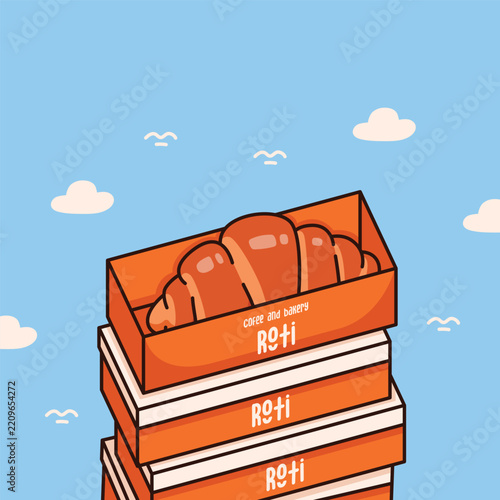 Stack of bakery boxes with fresh baked croissant vector illustration in cute cartoon style