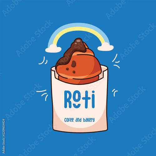 Chocolate topped croissant pastry in paper pouch packaging with rainbow vector illustration in cute cartoon style