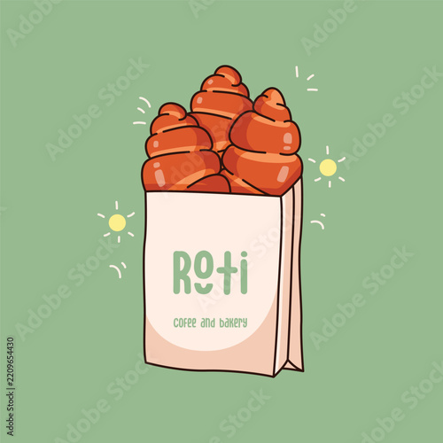 Multiple fresh baked croissants in paper bag packaging vector illustration in cute cartoon style