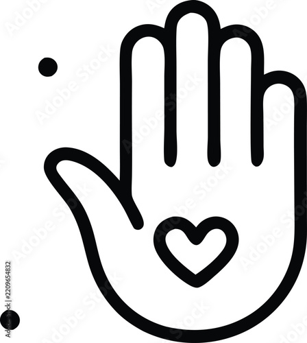 Open human hand icon with a heart symbol representing care and love donation kindness illustration affection charitable minimalist generosity volunteer handprint