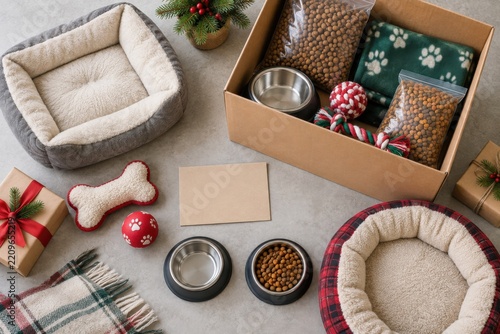 An animal shelter donation concept using pet beds, bowls and sealed food bags for holiday advertising, commercial design and seasonal editorial use