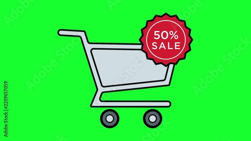 Shopping cart with 50 percent sale badge on green screen
