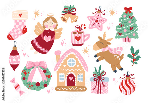 Whimsical Christmas hand drawn cute vintage elements. Coquette pink bow, Christmas tree, cute angel. Vector illustration