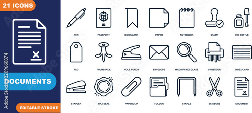 Office Supply Icons Set: A comprehensive collection of clean, modern line icons representing essential office supplies and documents for business and administration.