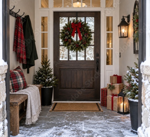 A narrow apartment entry hall with coat hooks, bench, wreath and wrapped gifts ready to carry for festive holiday marketing and editorial use