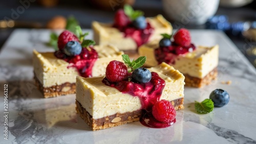 American cuisine. Cheesecake bars with berry compote. Delicate cheesecake bars on a shortbread base, topped with juicy berry sauce and garnished with fresh raspberries and blueberries.