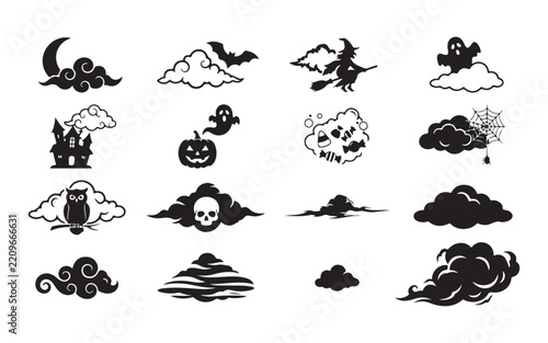 Black halloween cloud spooky icon set on transparent background for decoration and design.