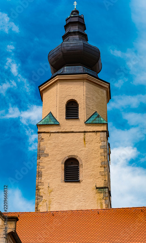 Monastery tower on a sunny summer day at Windberg, Hunderdorf, Straubing, Bogen, Bavaria, Germany