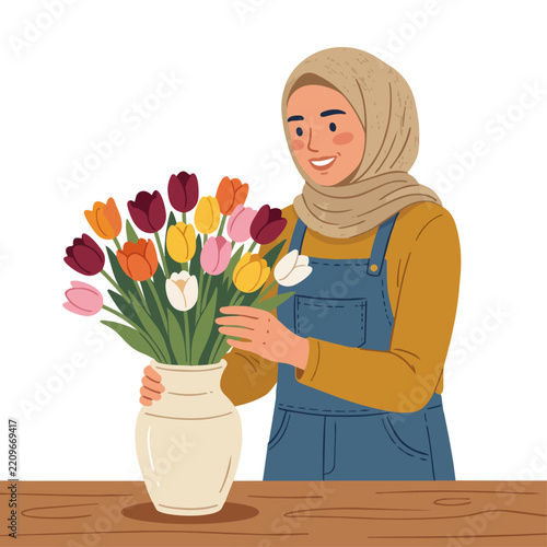 Florist arranging colorful tulips in a vase - vector illustration.