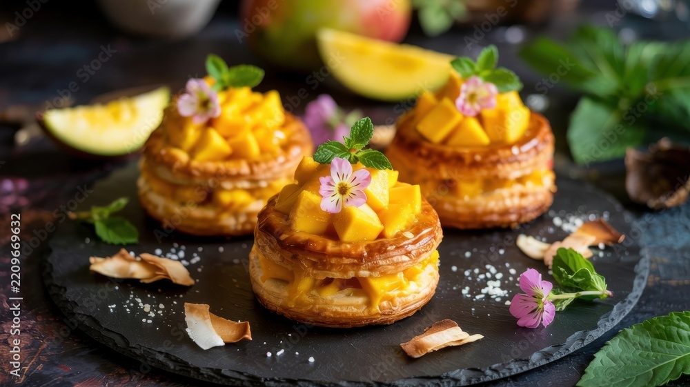 Fototapeta premium French cuisine. Mango vol-au-vents. Crispy hollow pastry baskets filled with delicate cream and diced ripe mango.