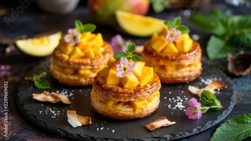 French cuisine. Mango vol-au-vents. Crispy hollow pastry baskets filled with delicate cream and diced ripe mango.