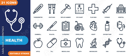 Health Icons Collection: A comprehensive set of 21 medical and health-related icons, including a stethoscope, thermometer, crutches, and hospital, presented on a dark blue background.