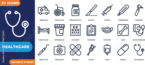 Healthcare Icon Set: A comprehensive collection of line icons representing various medical and healthcare services, including an ambulance, wheelchair, stethoscope, and hospital bed.