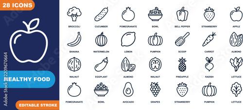 Healthy Food Icons: A collection of outline icons representing various healthy food items, including fruits, vegetables, and nuts, on a dark blue background with the text Healthy Food.