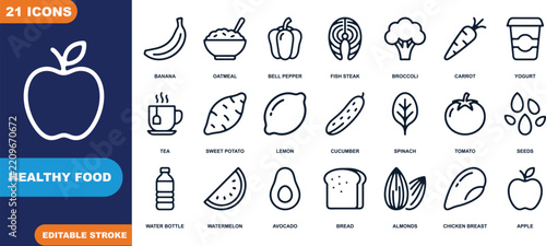 Healthy Food Icons Collection: A vibrant assortment of clean line icons representing various healthy food choices, including fruits, vegetables, grains, and beverages.
