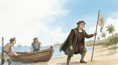Columbus Day landing scene with explorer and crew on tropical shore. Historical illustration of voyage
