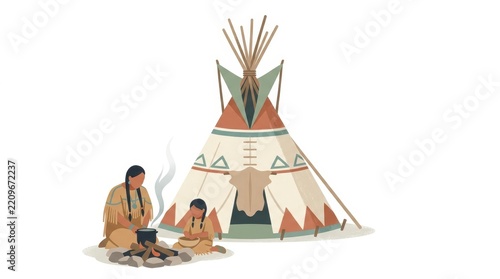 Native American teepee village illustration. Indigenous family cooking by campfire near tipi