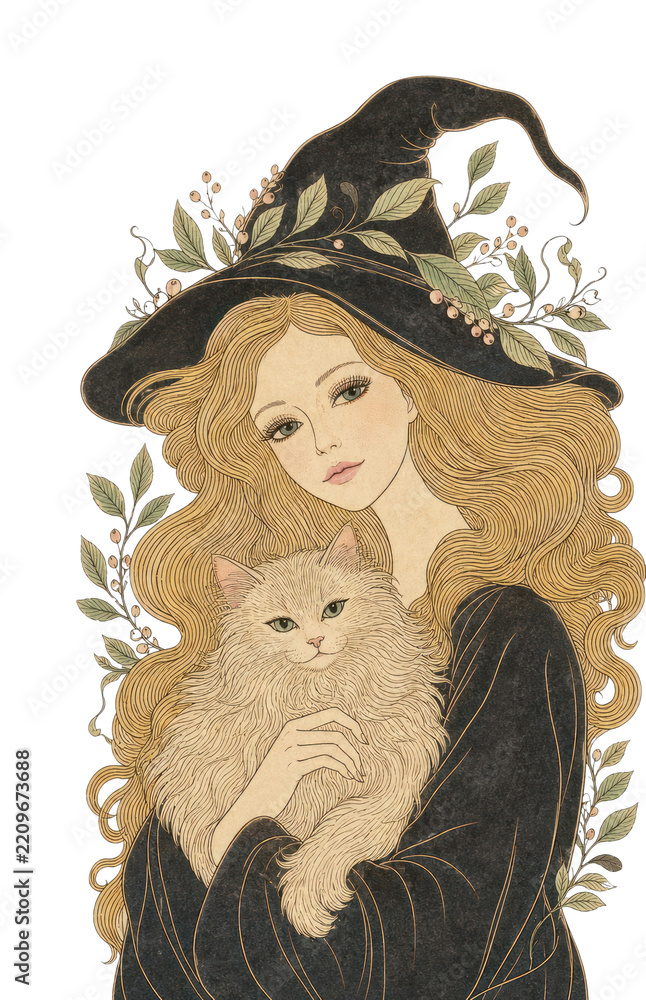 Obraz premium PNG Vintage fantasy illustration of a blonde witch girl with cat mobile wallpaper, transparent background