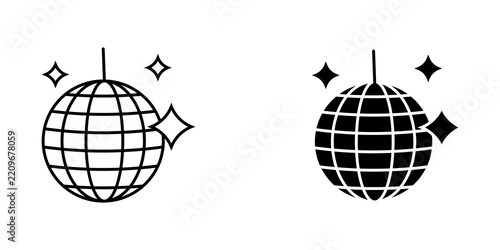 Black and white disco ball icons with sparkle stars for party and music design elements